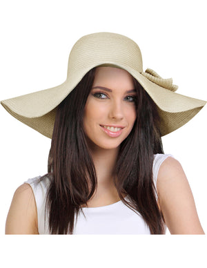 Stylish Dual Layer Wide Bow Foldable Flat Brim Straw Sun Hat