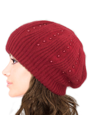 Pearl Accented Angora Blend Dual Layer Slouch Beanie Hat