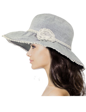 Lace Flower Moldable Brim Sun Bucket Hat - Blue Gray