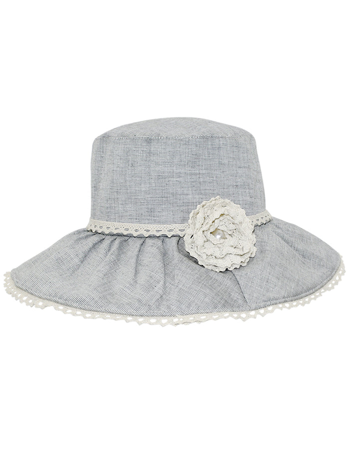Lace Flower Moldable Brim Sun Bucket Hat - Blue Gray