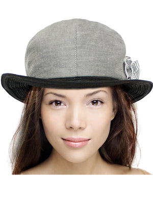 Stripe Flower Black Straw Brim Sun Hat - Gray