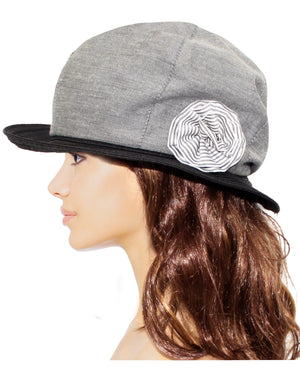 Stripe Flower Black Straw Brim Sun Hat - Gray