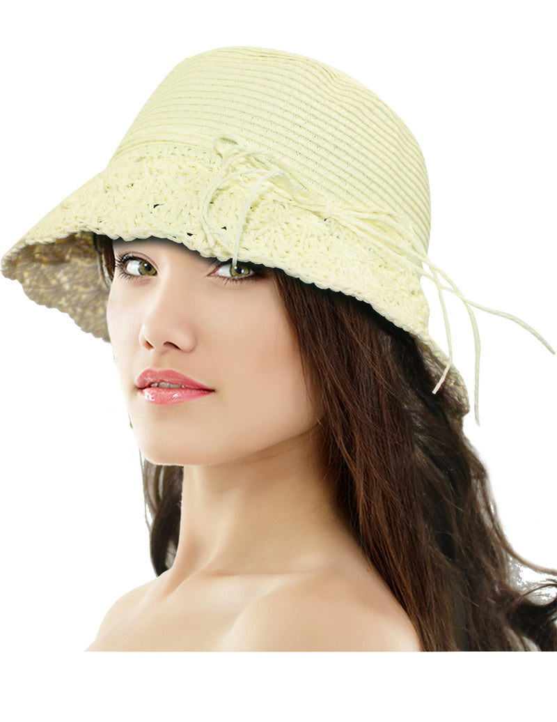 Dahlia Crochet Brim String Bow Straw Summer Sun Hat