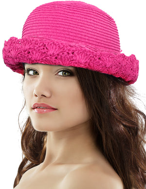 Crochet Brim String Bow Straw Summer Sun Hat