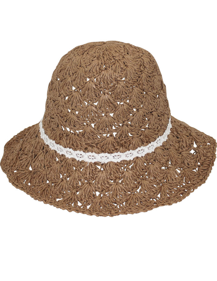Lace Bow Crochet Straw Summer Sun Hat - Tan