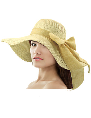 Wide Brim Floppy Braid Edge Straw Summer Sun Hat - Cream