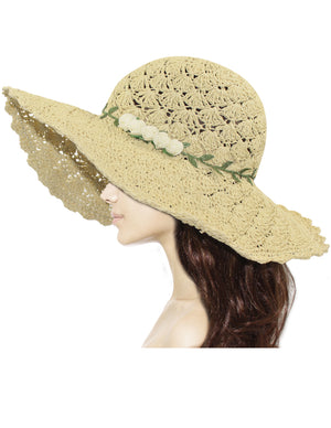 Wide Brim Rose Accent Crochet Straw Summer Sun Hat - Beige