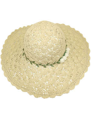 Wide Brim Rose Accent Crochet Straw Summer Sun Hat - Beige