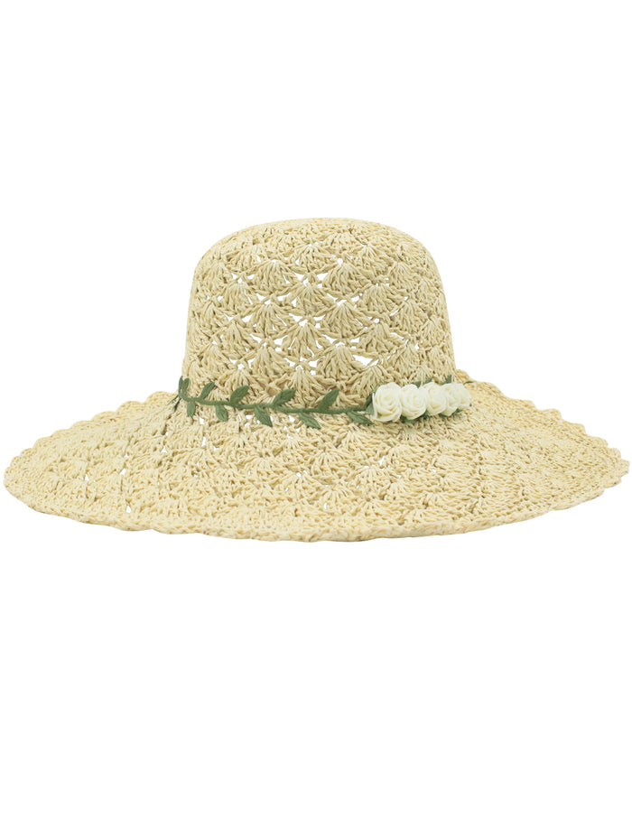 Wide Brim Rose Accent Crochet Straw Summer Sun Hat - Beige