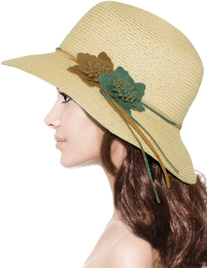 Double Suede Flower Straw Bucket Summer Sun Hat - Cream