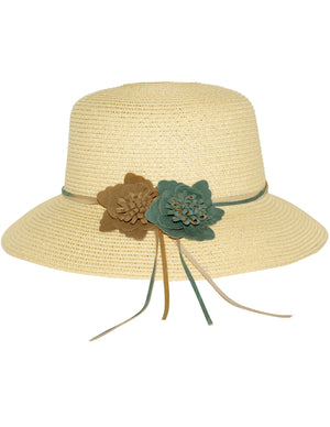 Double Suede Flower Straw Bucket Summer Sun Hat - Cream
