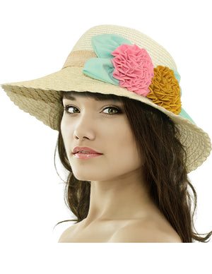 Double Flower Braid Brim Straw Bucket Summer Sun Hat
