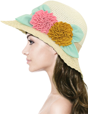 Double Flower Braid Brim Straw Bucket Summer Sun Hat