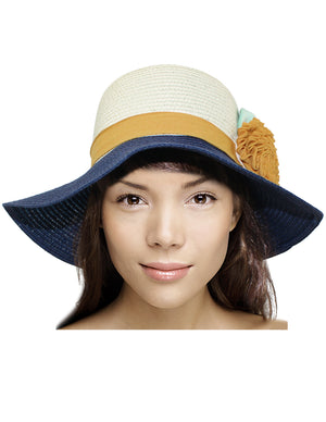 Single Flower Wide Brim Straw Summer Sun Hat - Navy Blue