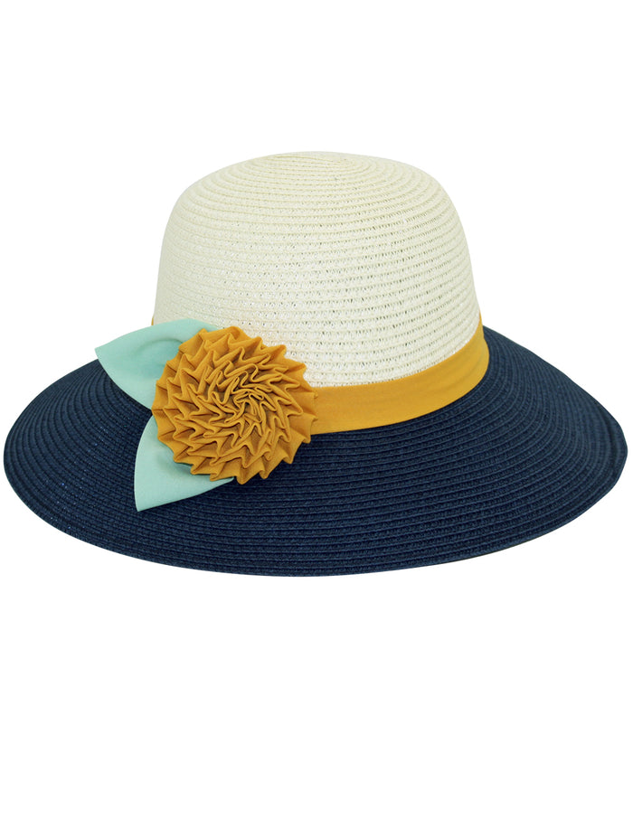 Single Flower Wide Brim Straw Summer Sun Hat - Navy Blue