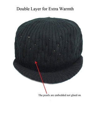 Faux Pearl Accent Dual Layer Angora Blend Newsboy Cap Hat