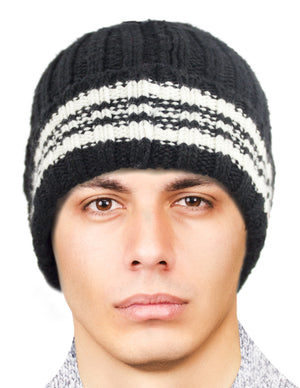 Men's Knit Beanie, Soft & Warm Hat, Stripe, Black