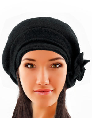 Reversible Wool Beret Hat - Flower Accented