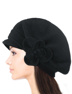 Reversible Wool Beret Hat - Flower Accented