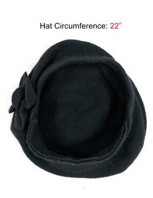 Reversible Wool Beret Hat - Flower Accented