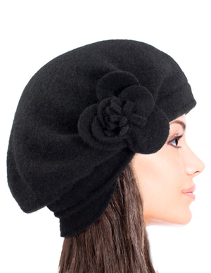 Reversible Wool Beret Hat - Flower Accented