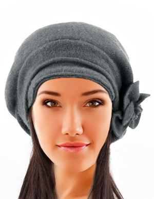 Reversible Wool Beret Hat - Flower Accented