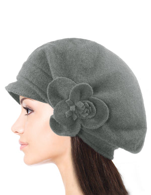 Reversible Wool Beret Hat - Flower Accented