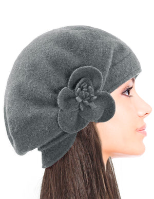 Reversible Wool Beret Hat - Flower Accented
