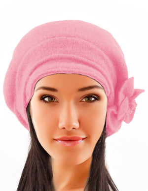 Reversible Wool Beret Hat - Flower Accented