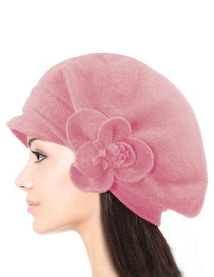 Reversible Wool Beret Hat - Flower Accented