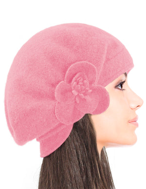 Reversible Wool Beret Hat - Flower Accented