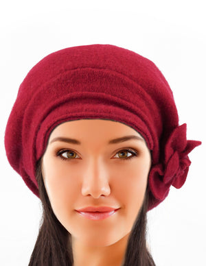 Reversible Wool Beret Hat - Flower Accented