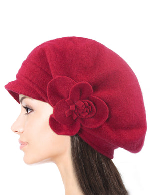 Reversible Wool Beret Hat - Flower Accented