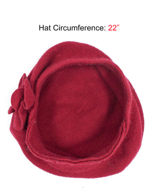 Reversible Wool Beret Hat - Flower Accented