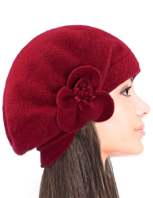 Reversible Wool Beret Hat - Flower Accented