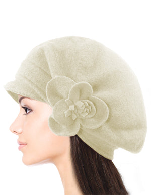 Reversible Wool Beret Hat - Flower Accented