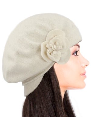 Reversible Wool Beret Hat - Flower Accented