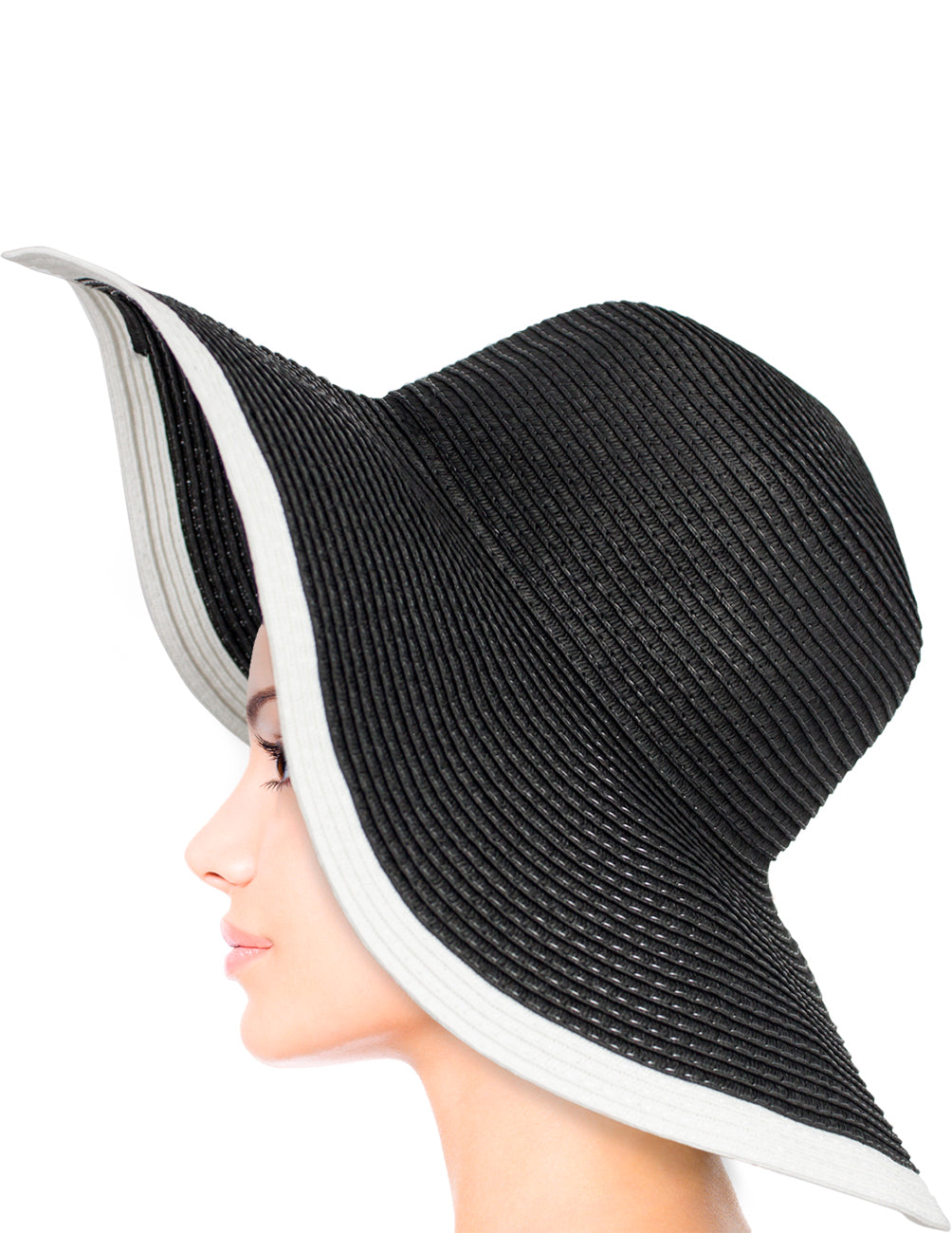 White Edge Brim Floppy Straw Black Summer Sun Hat