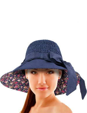 Stylish Crochet Wide Brim Straw Summer Sun Hat Navy Blue