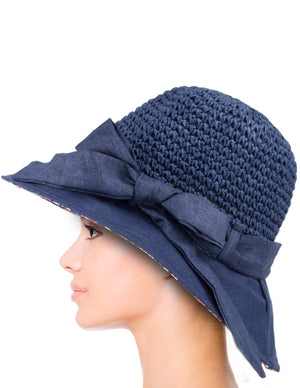 Stylish Crochet Wide Brim Straw Summer Sun Hat Navy Blue