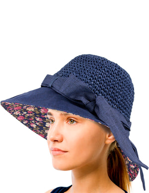 Stylish Crochet Wide Brim Straw Summer Sun Hat Navy Blue