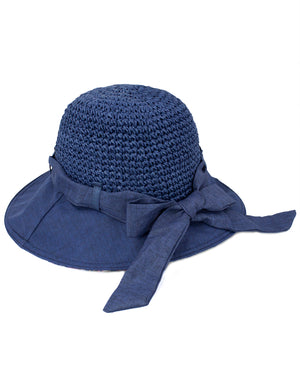 Stylish Crochet Wide Brim Straw Summer Sun Hat Navy Blue