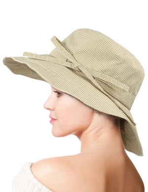 Gingham Wide Brim Bucket Summer Sun Hat