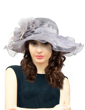 Fancy Flower Pearl Accent Chiffon Brim Gray Summer Sun Hat
