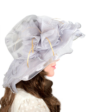 Fancy Flower Pearl Accent Chiffon Brim Gray Summer Sun Hat