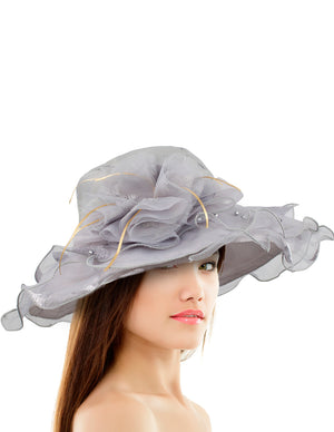 Fancy Flower Pearl Accent Chiffon Brim Gray Summer Sun Hat