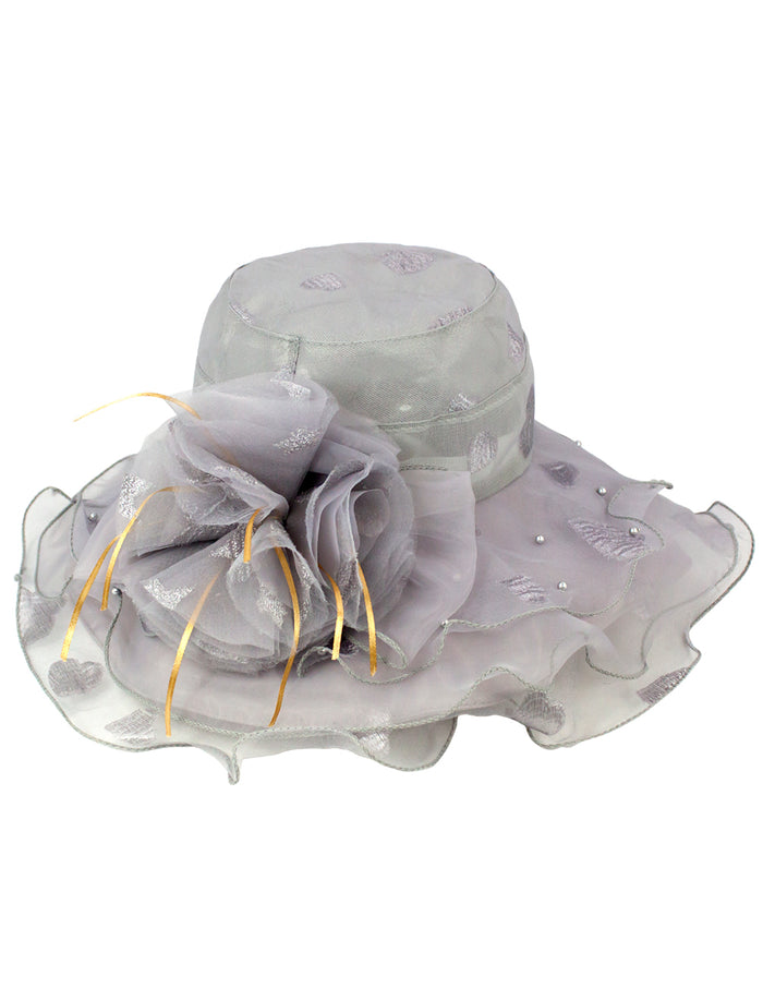 Fancy Flower Pearl Accent Chiffon Brim Gray Summer Sun Hat