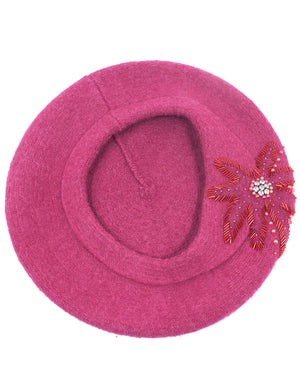Wool Beret Hat - Rhinestone Sequin Beaded Flower
