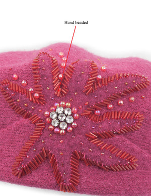 Wool Beret Hat - Rhinestone Sequin Beaded Flower