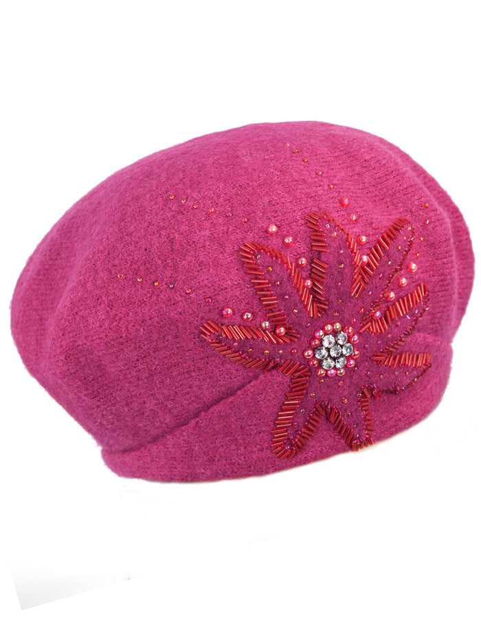 Wool Beret Hat - Rhinestone Sequin Beaded Flower